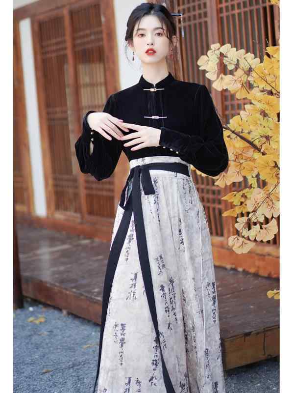 レディース ファッション チャイナ風 水墨画 スカート スーツ 秋冬 ベルベット 韓服 トップス チャイナ風 ドレス 女性用