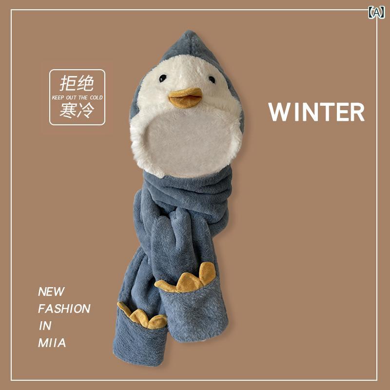 韓国 秋冬 かわいい ペンギン 帽子 マフラー 手袋 オールインワン 厚手 暖かい メンズ レディース