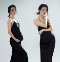 マタニティ フォト おしゃれ ファッション シンプル ブラック 写真 女性 スタジオ ハイエンド 黒 ホルターネック セクシー ドレス パーソナル アート フリーサイズ