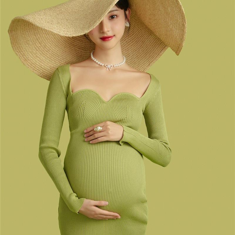 マタニティ フォト 衣装 おしゃれ 記念 写真 スタジオ さわやか ライトグリーン 大きいお腹 ママ 撮影 フリーサイズ 帽子 セット ドレス
