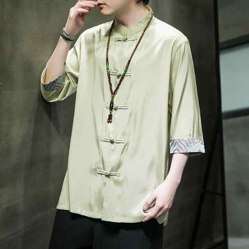 メンズ 中国風 ファッション チャイナ風 夏 冷感 半袖 シャツ レトロ 唐装 漢服 大きいサイズ 薄手 四分袖 シャツ