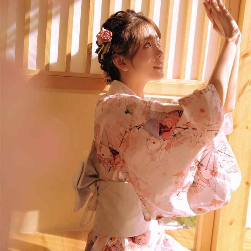 浴衣 着物 和服 おしゃれ かわいい レディース セットアップ ピンク ウサギ お姫様 少女 レトロ 伝統的 フリーサイズ
