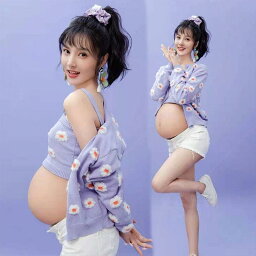 マタニティ フォト 衣装 おしゃれ 記念 妊婦 写真 紫 ニット かわいい スタジオ 自宅 カジュアル フリーサイズ セット 花柄