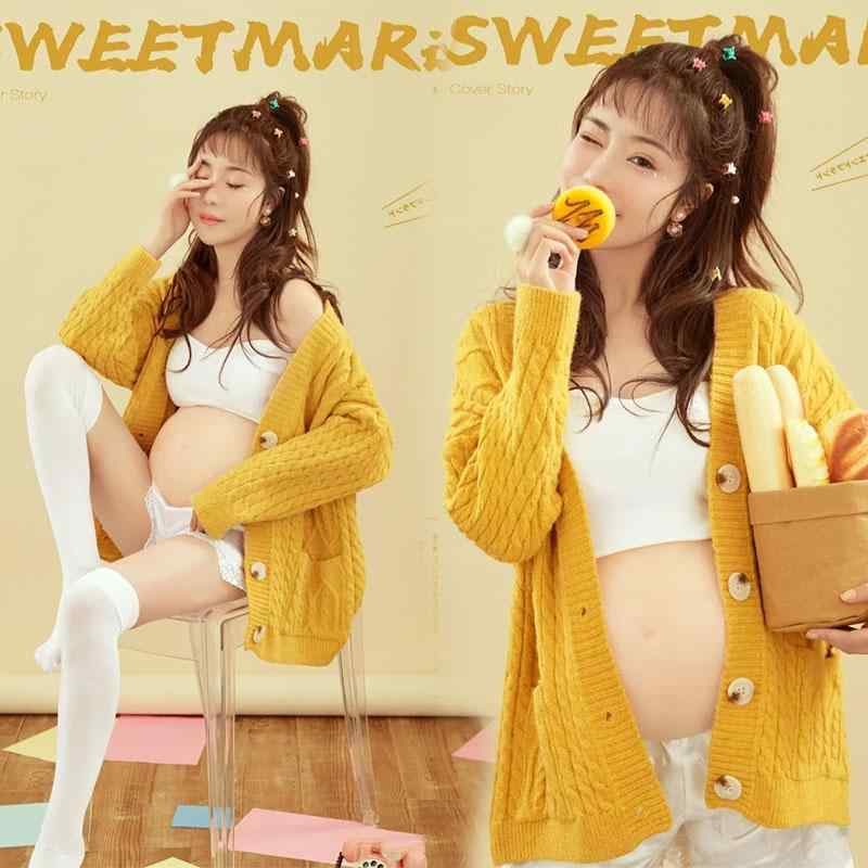 マタニティ フォト 衣装 おしゃれ 記念 写真 スタジオ 韓国 かわいい 黄色 セーター セット カジュアル フリーサイズ イエロー 1