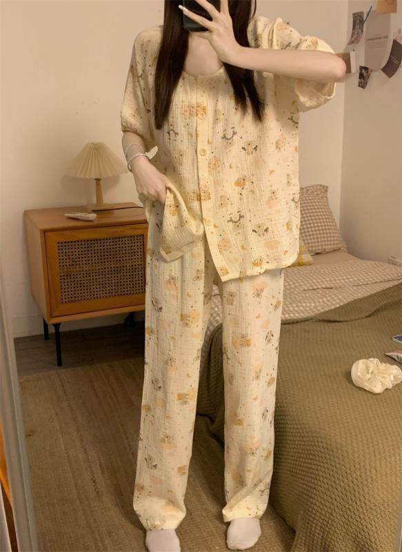 パジャマ ベビー ガーゼ パジャマ レディース 夏 韓国 かわいい コアラ プリント 大きいサイズ ホームウェア 半袖 スーツ ラウンドネック ナイトウェア ルームウェア