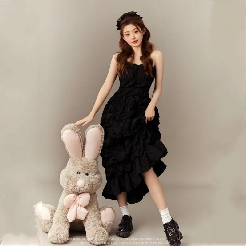 ワンピース ドレス レディース ファッション おしゃれ フォト スタジオ 写真 撮影 韓国 キュート ガーリー 芸術的 黒 ピンク かわいい フリーサイズ