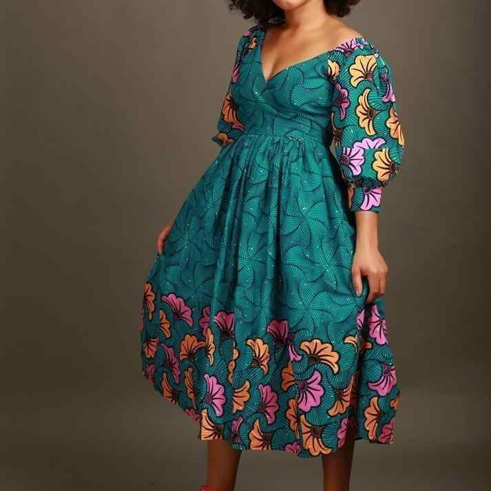ファッション レディース 南米 アフリカ 民族衣装 大きいサイズ 通勤 Vネック 長袖 プリント ミドル丈 ドレス ワンピース