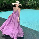 リゾート ファッション レディース 雲南 旅行 服装 雰囲気 紫色 Vネック サスペンダー ドレス 海辺 休暇 ゆったり 肌 覆う ロング スカート ワンピース