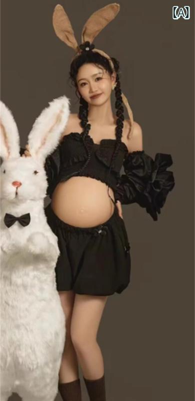 マタニティ おしゃれ ファッション フォト スタジオ カップル 妊娠 写真 撮影 クール ハイエンド 黒 セット 妊娠 ママ アート フリーサイズ ブラック 2