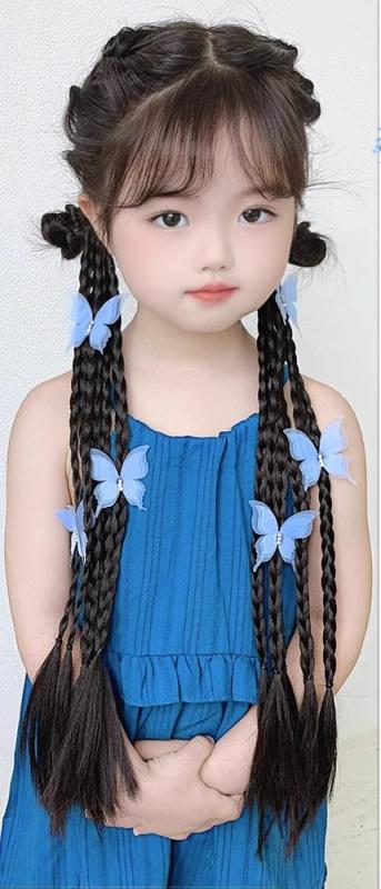 子供用 ウィッグ 三つ編み カラフル ヘア ロープ 甘くてクール 女子用 ダブル ポニーテール 蝶 ヘアアクセサリー キッズ