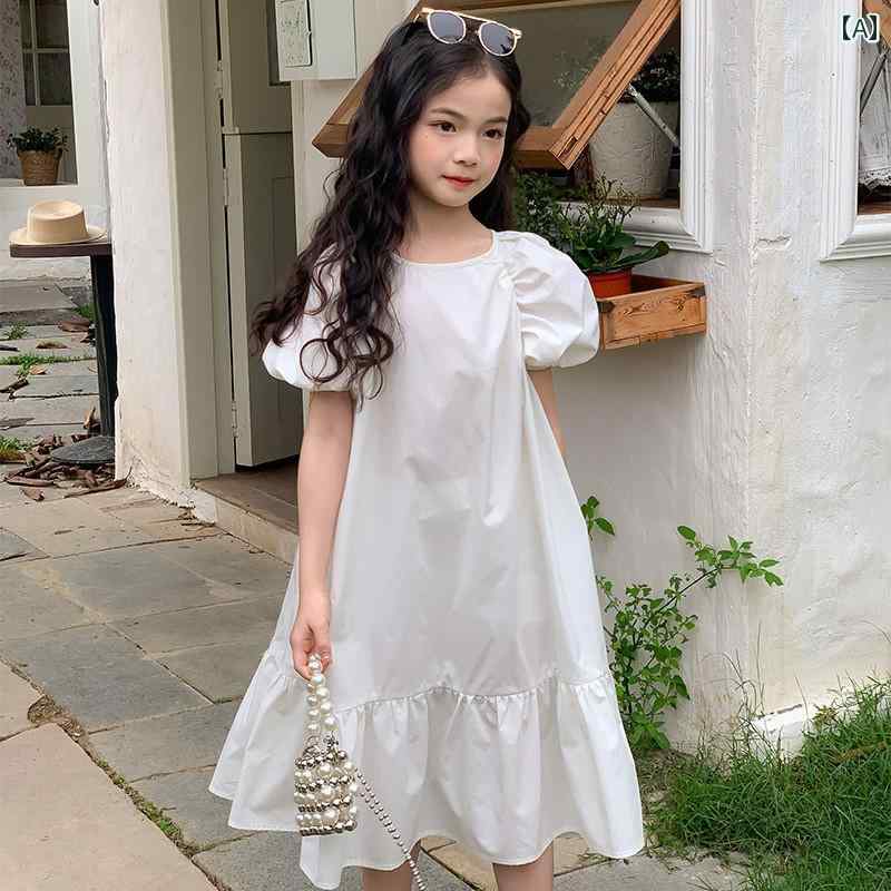 女の子 ワンピ かわいい サマー フリル ミドル丈 ホワイト リゾート スカート ガール プリンセス 夏 韓国