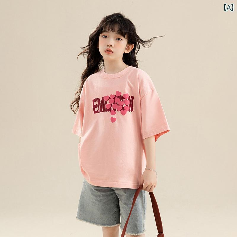 女の子 半袖 Tシャツ トップス 夏 韓国 子供用 おしゃれ コットン ラウンドネック ピンク シンプル