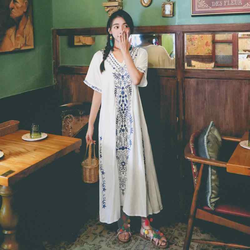 レディース エスニック ロングワンピースドレス ボヘミアン 休暇 レトロ フォト 旅行 刺繍 Vネック ドレス