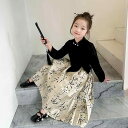 キッズ ファッション チャイナ風 ガールズ 子供服 おしゃれ かわいい 春 女の子 中国風 セット 水墨書道風 絵画風 スカート ツーピース コットン ブラック
