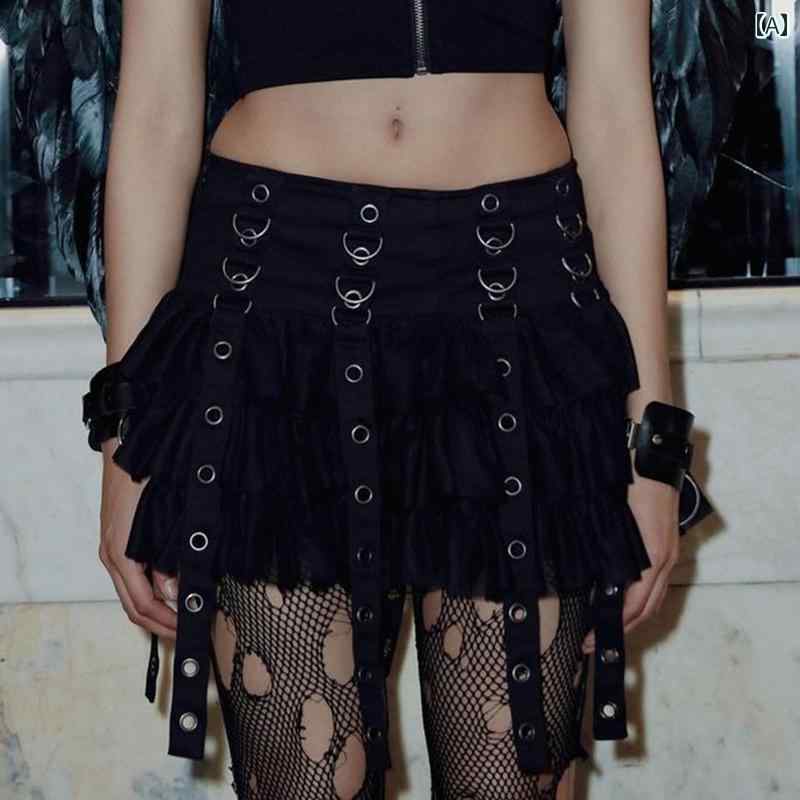 レディース ゴスロリ サブカル ファッション ゴシック パンク 黒 ショート スカート かわいい 個性的 ティアード ミニ