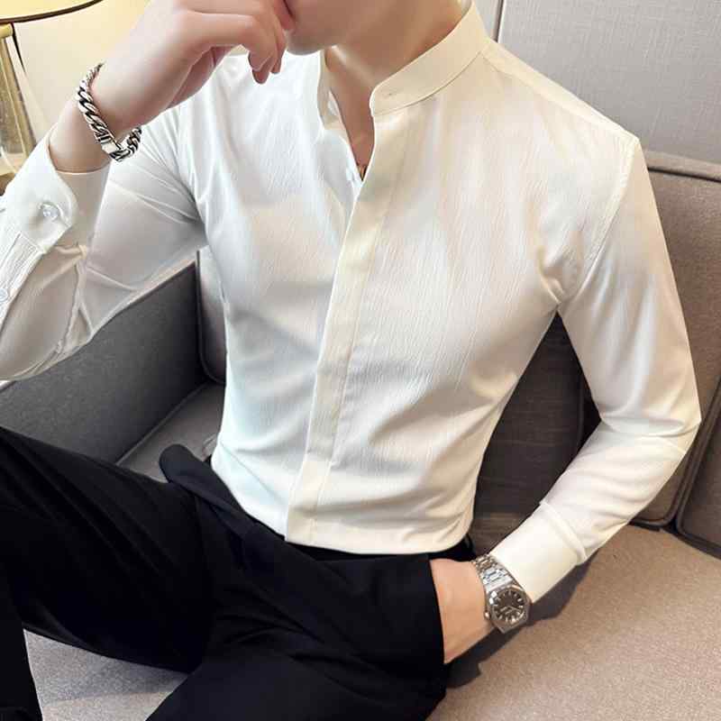 メンズ シャツ カジュアル スタイリッシュ インナーシャツ 隠しボタン 秋 スタンドカラー 長袖 韓国 ビジネスシャツ スリム ホワイト シャツ 薄手