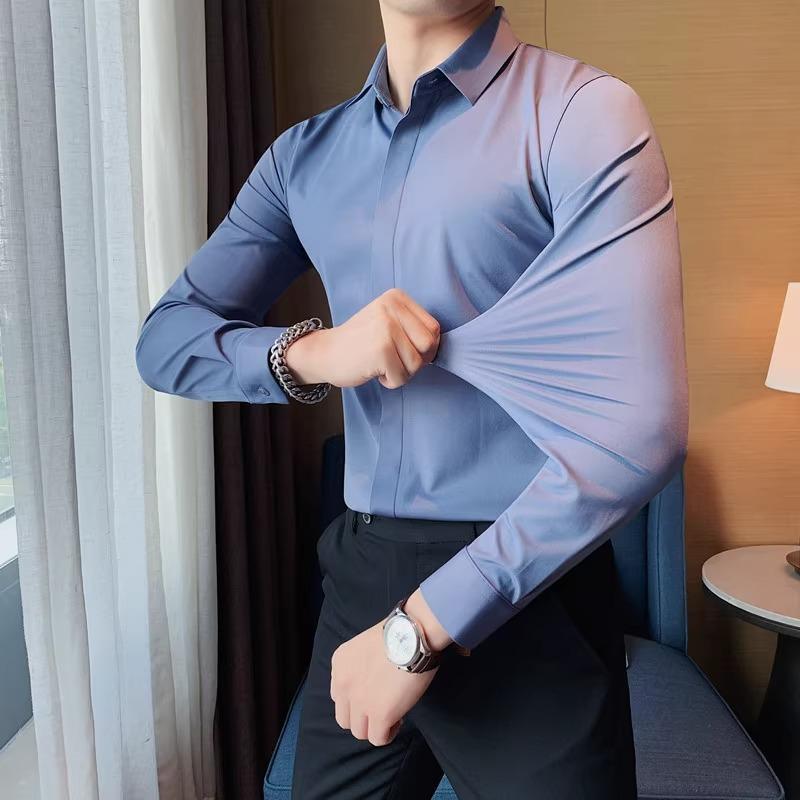 楽天サークルYouメンズ 高伸縮性 無地 シャツ 長袖 スリムフィット アイロン 不要 シワ なりにくい ビジネス フォーマルウェア 韓国 カジュアル ファッション 隠し ボタン シャツ ポインテッドカラー スタイリッシュ