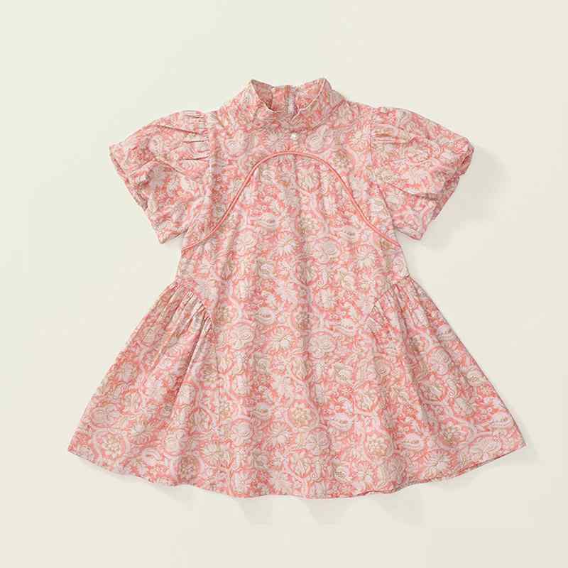 子供服 ドレス ワンピース コットン 綿 夏 サマー ピンク 子供用 大きいサイズ 半袖 かわいい レトロ ショートスリーブ