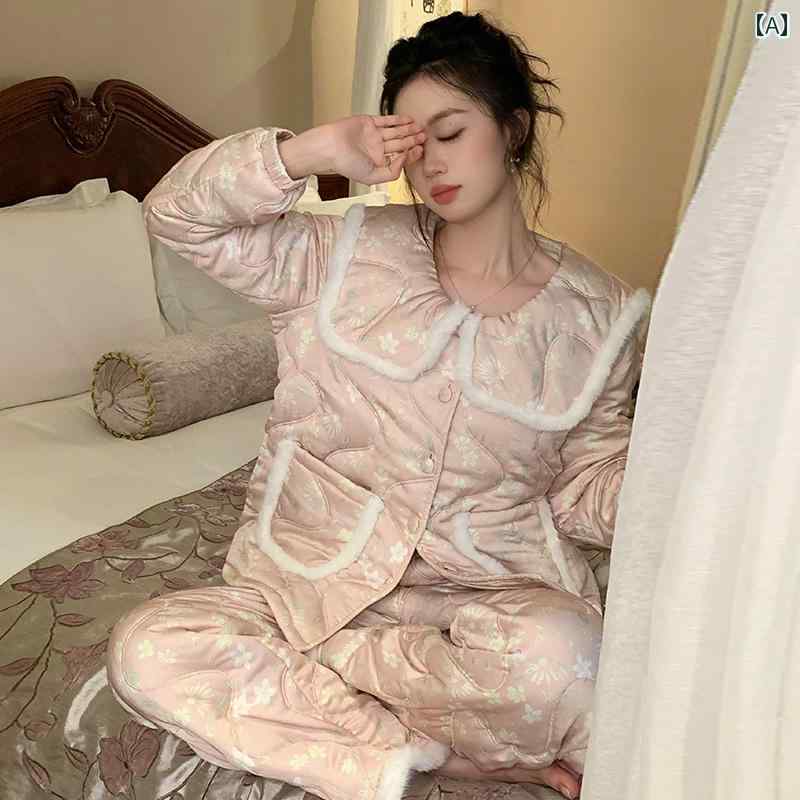 パジャマ ナイトウェア 冬用 女性用 厚手 ベルベット 3層 綿 もこもこ 個性的 リラックスウェア ホームウェア