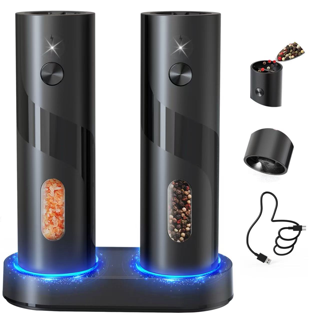商品情報材質ABS色充電式セットと充電ベース - 黒ブランドCIRCLE JOY商品の重量540 グラム動作モード電動商品の推奨用途キッチン、ピクニック容量110 mlCIRCLE JOY 電動ペッパーミル USB充電式 塩コショウグラインダー 粗さ調節可能 110mlコンテナ 充電ベース 白色LEDライト 片手で操作 2本セット ブラック 充電ベース 白色LEDライト 片手で操作 2本セット ブラック トップローディングデザインで簡単補充 - 革新的なトップダイレクト充填システムにより、スパイスを簡単にミルに補充可能。こぼれや散らばりなし。煩雑な手順を排除し、チャンバーに直接注ぐだけでストレスフリーな調味が実現しますUSB充電ドック付属 - 2台同時充電可能なスタイリッシュな充電ベースを搭載。カウンターを清潔に保ちながらスピルをキャッチ。5分のクイックチャージで1日中使用可能で、フル充電時は連続20分以上の粉砕をサポート（アダプター別売）調整可能な挽き目設定 - ステーキ用の粗挽きからスープ向け極細挽きまで、5段階の精密調整が可能。底面の360°回転ダイヤルで手軽に食感をコントロール。あらゆるレシピに最適です大容量アップグレード - 従来比30%増の110ml（3.38オンス）を実現。LEDホワイトライト内蔵で粉砕プロセスをリアルタイム確認。補充頻度を大幅削減します高品質×エレガントデザイン - 食品グレードBPAフリー素材使用のクラシックなペッパーミルセット。CD加工テクスチャーのエルゴノミックボタンで、子供から高齢者まで誰でもワンタッチ操作可能。キッチンからアウトドアまで幅広く活躍します 5