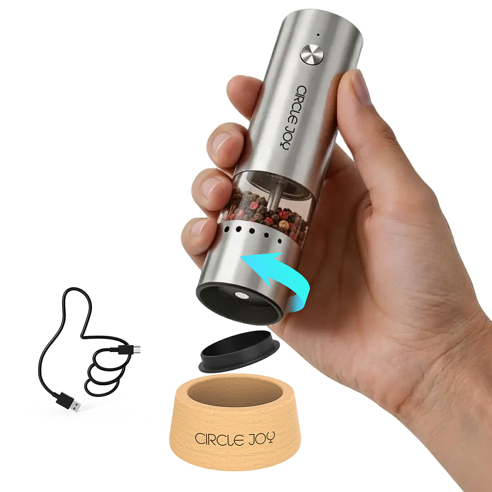 商品情報色単品と木製ベース - シルバーブランドCIRCLE JOY動作モード電動CIRCLE JOY 小型 充電式ペッパーミル 電動 ステンレス製ペッパーミル 厚さを外部で調整する 30ml容器 木製収納ベース ミニサイズ シルバー 厚さを外部で調整する 30ml容器 木製収納ベース ミニサイズ シルバー キッチンもアウトドアも OK！ミニ可愛デザイン小ぶりで持ち運びしやすく、キッチンでの日常調理やピクニックの際にも便利に塩・胡椒を挽ける。（※ミニサイズのため、ご注文前にサイズをご確認ください）外部調整で手間省き・衛生 UP！水で丸洗い可能面倒な内部調整は不要！革新的な外部粗さ調整機構で、いつでも清潔にグラインド。容器は水で丸洗いできるため、健康志向の料理人に最適USB-C 充電式！食事準備中の電池切れ、もうウケる料理途中で電池が切れる悩みを解決！付属の USB-C ケーブルで簡単充電し、中断せず味付けを続けられる。使い捨て電池不要でエコ・コスト削減もできる木製収納台 + ダストカバー！付属のスタイリッシュな木製収納台と防塵カバーで、使用しない時も整理整頓が簡単。キッチンのホコリを効果的に遮断し、常に清潔を保ちますステンレス製でモダン！台所がグレードアッププレミアムステンレス鋼でできた頑丈な構造は長持ちし、モダンデザインが任意の台所の雰囲気を引き立てる。朝のオムレツや夜のステーキに新鮮な胡椒を挽くのに理想的片手で操作！ボタンを押すだけで、この電動ペッパーグラインダーセットは楽でユーザーフレンドリーな操作を提供し、片手で料理を味付けすることができます 5