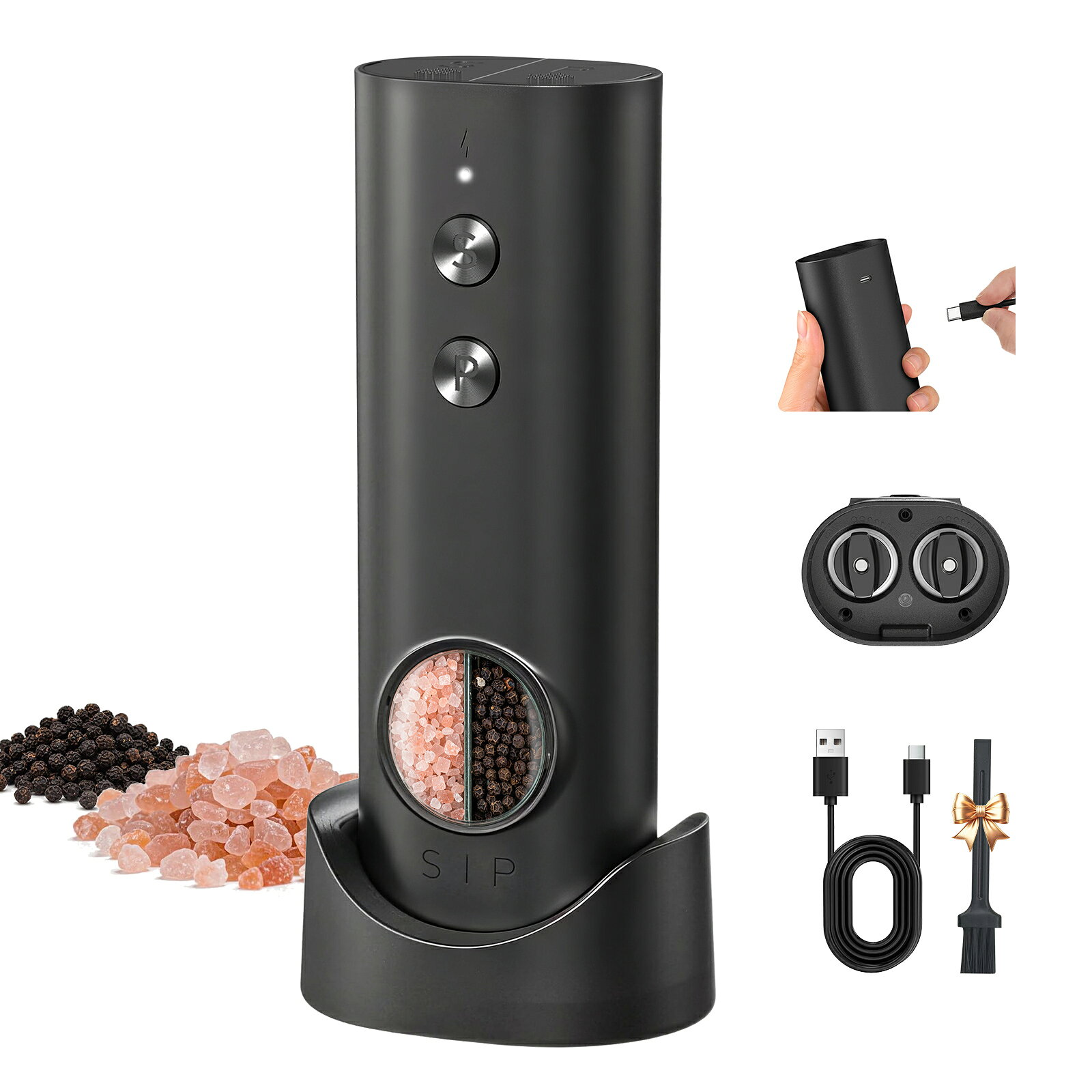 商品情報材質ABS色充電式セットと充電ベース - 黒電動ペッパーミル CIRCLE JOY トップローディングデザインで簡単補充 - 革新的なトップダイレクト充填システムにより、スパイスを簡単にミルに補充可能。こぼれや散らばりなし。煩雑な手順を排除し、チャンバーに直接注ぐだけでストレスフリーな調味が実現しますUSB充電ドック付属 - 2台同時充電可能なスタイリッシュな充電ベースを搭載。カウンターを清潔に保ちながらスピルをキャッチ。5分のクイックチャージで1日中使用可能で、フル充電時は連続20分以上の粉砕をサポート（アダプター別売）調整可能な挽き目設定 - ステーキ用の粗挽きからスープ向け極細挽きまで、5段階の精密調整が可能。底面の360°回転ダイヤルで手軽に食感をコントロール。あらゆるレシピに最適です大容量アップグレード - 従来比30%増の110ml（3.38オンス）を実現。LEDホワイトライト内蔵で粉砕プロセスをリアルタイム確認。補充頻度を大幅削減します高品質×エレガントデザイン - 食品グレードBPAフリー素材使用のクラシックなペッパーミルセット。CD加工テクスチャーのエルゴノミックボタンで、子供から高齢者まで誰でもワンタッチ操作可能。キッチンからアウトドアまで幅広く活躍します 5