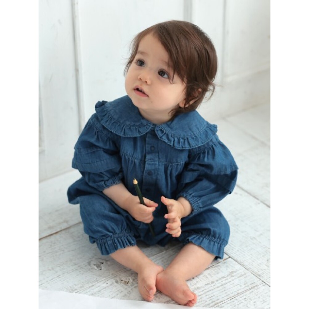 子供服サーカスの【オーシャンアンドグラウンド/子供服/ベビー/キッズ/ジュニア/ocean＆ground】 【La stella/ラステラ】フリルカラーギャザーロンパス デニム(DM)｜アングル2