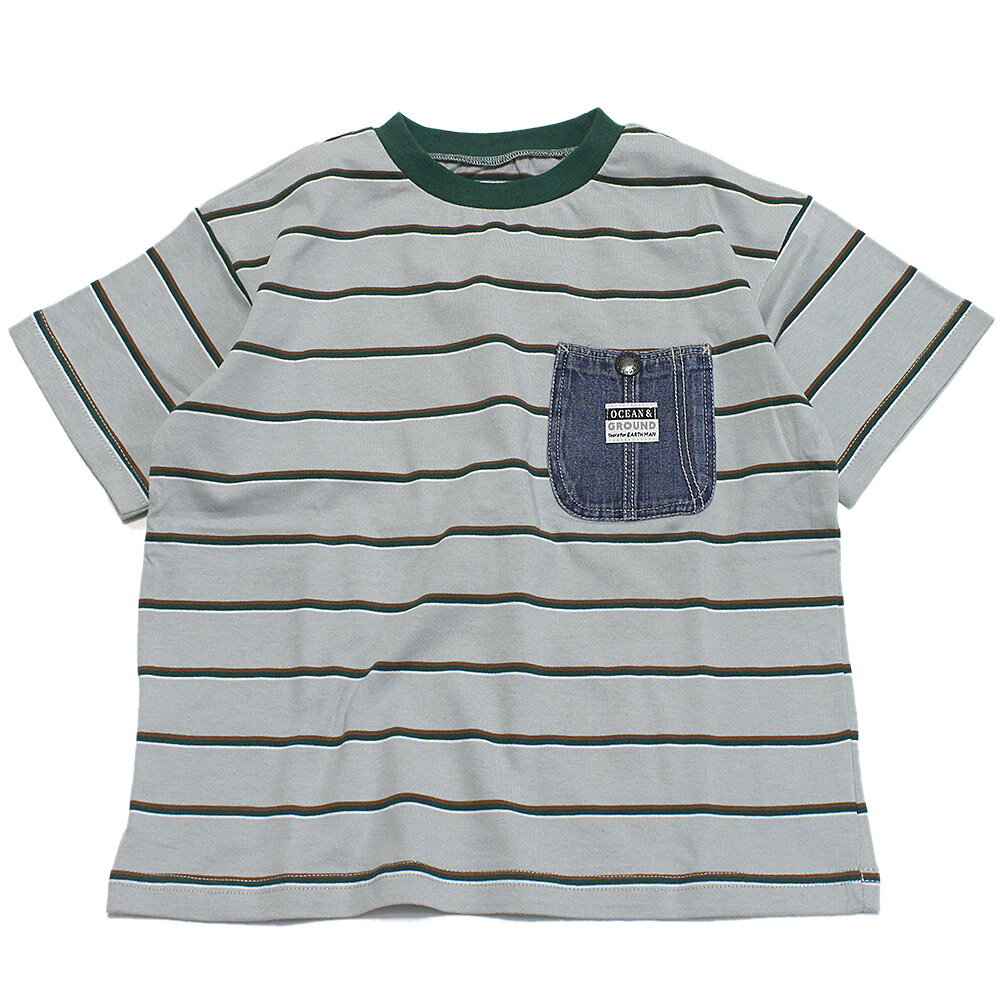 【オーシャンアンドグラウンド/子供服/ベビー/キッズ/ジュニア/ocean＆ground】 デニムポケットマルチボーダーTシャツ ライトグレー(LY)