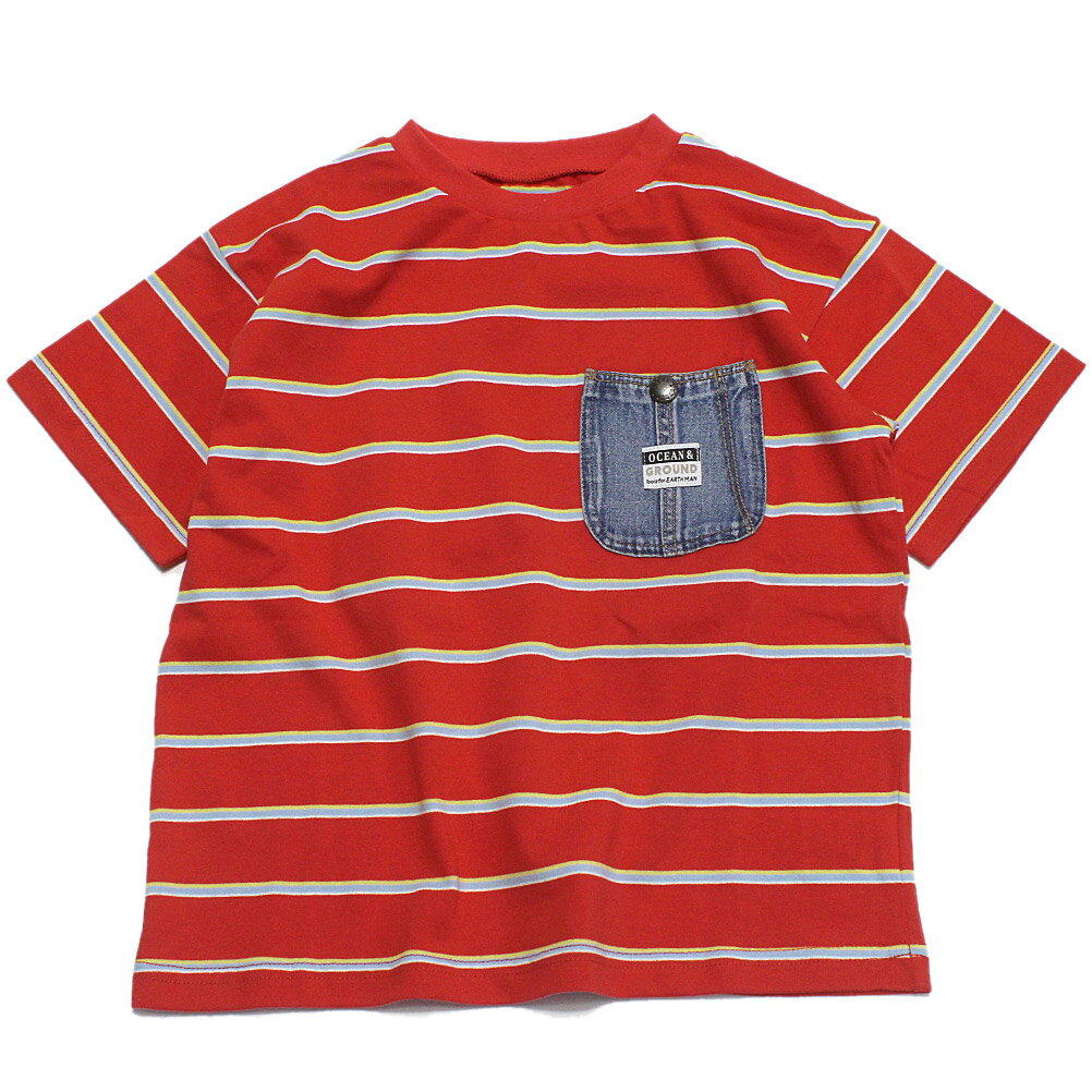 【オーシャンアンドグラウンド/子供服/ベビー/キッズ/ジュニア/ocean＆ground】 デニムポケットマルチボーダーTシャツ レッド(RD)