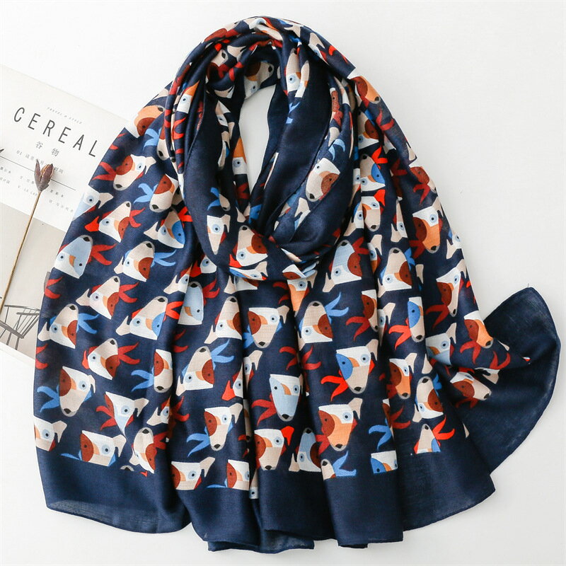 【メール便送料無料】わんこモチーフストール 犬柄 わんこ柄 動物柄 ペット柄 ポリエステル ネイビー ..