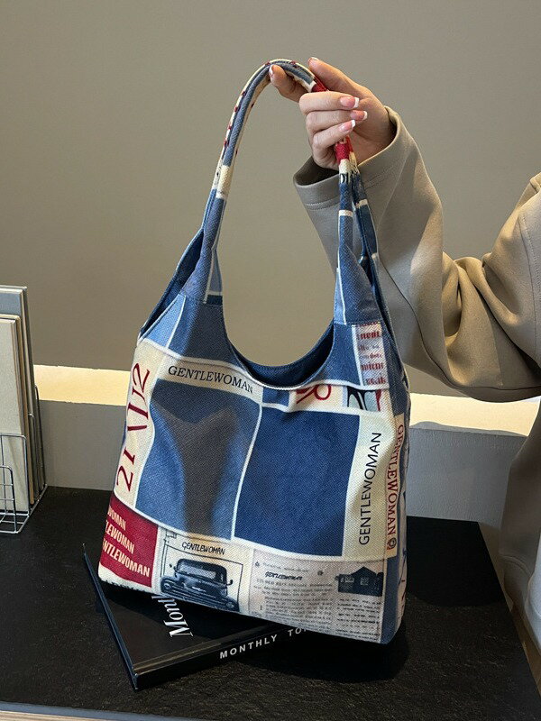 ショルダーバッグ 英字柄 デニム 綿 肩掛け ブルー シック A4 大容量 3