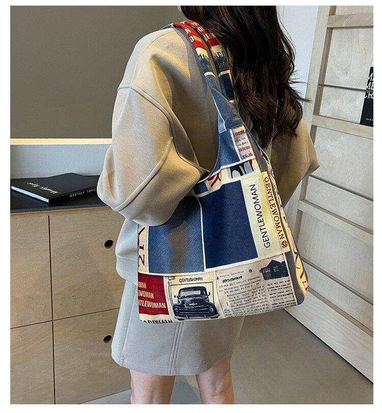 ショルダーバッグ 英字柄 デニム 綿 肩掛け ブルー シック A4 大容量 2