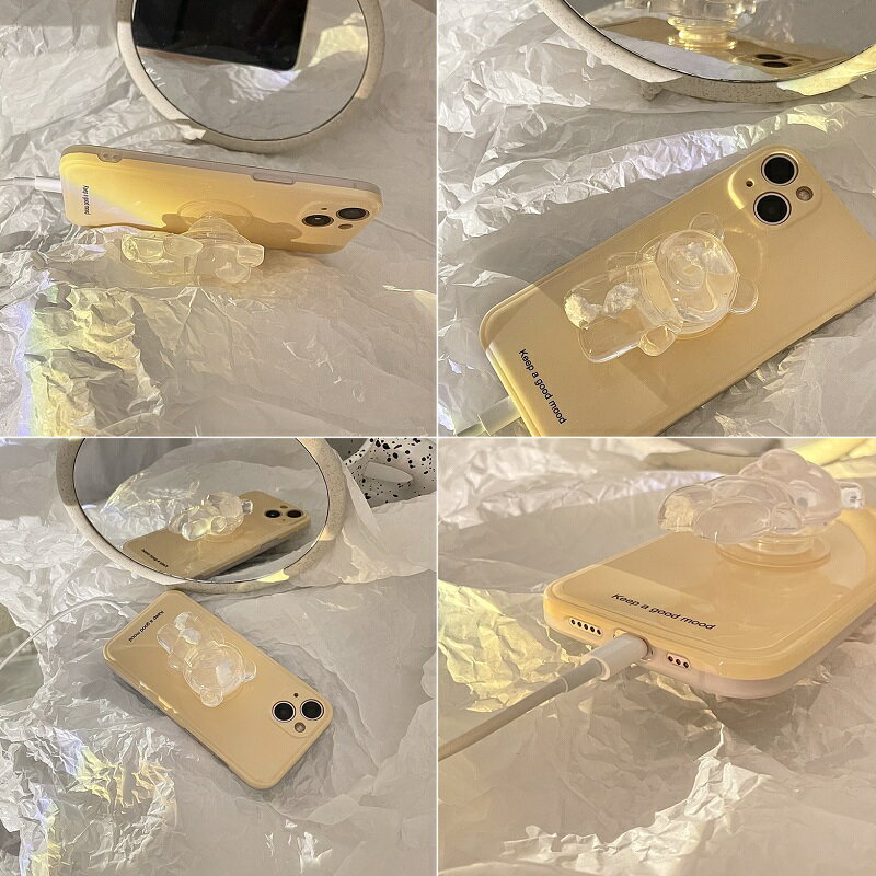 【メール便送料無料】≪大人気アニマルシリーズ≫持ち手やスタンドになるクリスタルくまさん付き♪大人女子にぴったりなオシャレなイエローカラーのスマホケース iPhoneX Xs XR XsMax 11 11ProMax 12 12Pro 12ProMax iPhone13 13Pro 13ProMax iPhone14 14Plus 14Pro 14ProMax