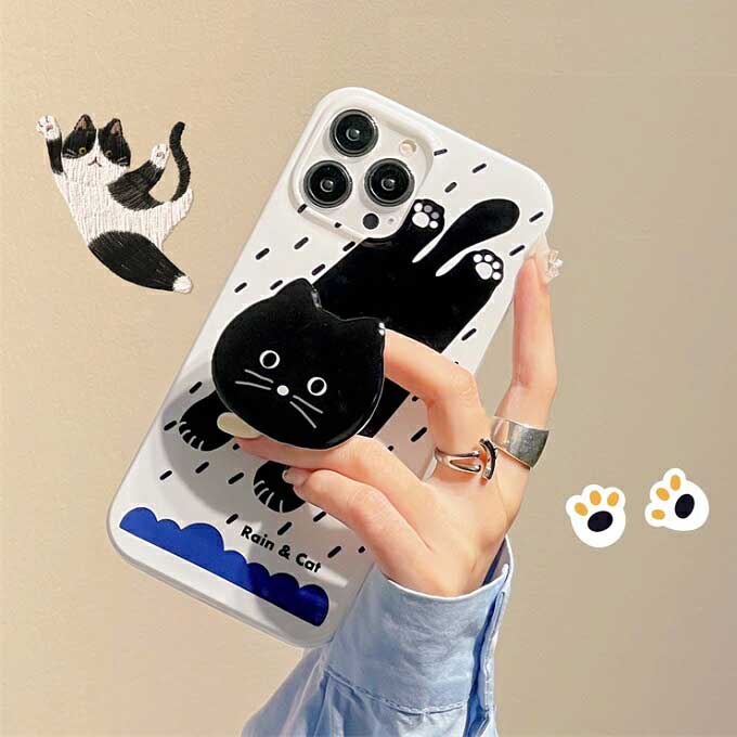 【メール便送料無料】≪大人気アニマルシリーズ≫スタンドにもなる持ち手付でとっても便利♪お洒落なホワイトボディにPOPな手書き風クロネコさんが大人女子にぴったりなスマホケース iPhone X/Xs XR XS Max iPhone11 11Pro Max iPhone12 12pro 12Pro Max 13 13pro 13pro Max