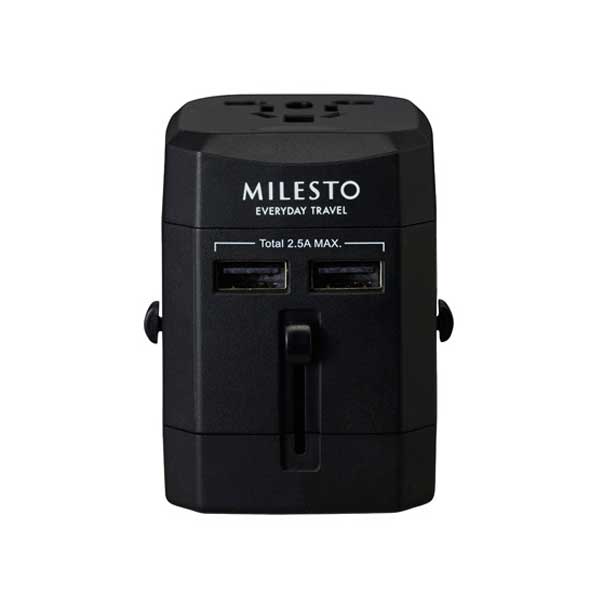 ミレスト　MILESTO　トラベル用変換プラグアダプタ 2USB　MLS604-BK　