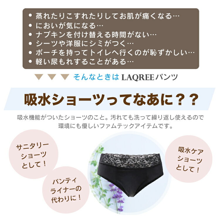 即納 吸水 生理用ショーツ サニタリーショーツ LAQREEパンツ ラクリーパンツ 生理用パンツ 生理ショーツ 吸水ショーツ おすすめ ナプキン不要 ナプキン の いらない パンツ ショーツ 産褥ショーツ 失禁用ショーツ 初潮 タンポン レディース レ