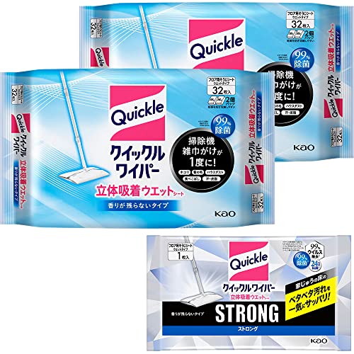 【まとめ買い】クイックルワイパー立体吸着ウエットシート 香りが残らないタイプ 32枚×2個 ストロング1枚シート付