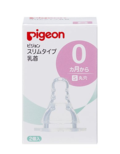 ◆商品名：ピジョン スリムタイプ乳首 S (丸穴) 0ヵ月から 2個入 吸い穴:Sサイズ(丸穴) 耐久性にすぐれたシリコーンゴム製 0か月頃からの赤ちゃんに 柔らかく、スムーズに飲めるよう開発された乳首 「ピジョン スリムタイプ哺乳びん」専用の乳首 ※Kタイプ哺乳びんにもお使いいただけます。 ●「ピジョン スリムタイプ哺乳びん」専用の乳首です。 ●やわらかいシリコーン素材なので、赤ちゃんの舌の運動に合わせて乳首が動き、スムーズに飲めます。 ●通気孔がミルクの流れをスムーズにし、乳首のつぶれやへこみをなくします。 ●授乳時間は10~15分を目安にし、赤ちゃんの成長に適した乳首サイズを選びましょう。(※月齢はあくまでも目安です。) [ タイプ ] S (吸い穴形状:丸穴) [ 対象月齢 ] 0ヵ月以上 [ 消毒方法 ] 煮沸○、レンジ○、薬液○ 【この乳首は次の商品以外には使用できません】 ・ピジョン スリムタイプ哺乳びん ※この乳首には、ピジョン母乳実感哺乳びん、ピジョン母乳相談室哺乳びん、ピジョンマグマグベビーカップはご使用できません。 【お取り替えのめやす】 ・ひとつの乳首に赤ちゃんがなじむと、新しい乳首に替えてもイヤがることがあります。乳首は2個以上を交互に約2ヵ月をめどに使ってください。破れたり切れたりしないよう、古くなったら使用回数にかかわらず、早めに取り替えましょう。 ・乳首は歯の生えている赤ちゃんが、かんで引っ張ると裂けることがありますのでご注意ください。 【ご使用前・ご使用後のお手入れ方法】 ・はじめてご使用になる前にも必ず洗浄・消毒してください。 ・ご使用後は、すぐにぬるま湯につけ、「ピジョン哺乳びん野菜洗い」などで洗います。 ・乳首の先端はゴムが薄いのでやさしく洗ってください。洗浄が不十分だと臭いや変色、ベタつきの原因になります。 ・通気孔はよく洗ってください。つまると乳首のつぶれやびん内へのとびこみなど、思わぬ事故の原因になります。