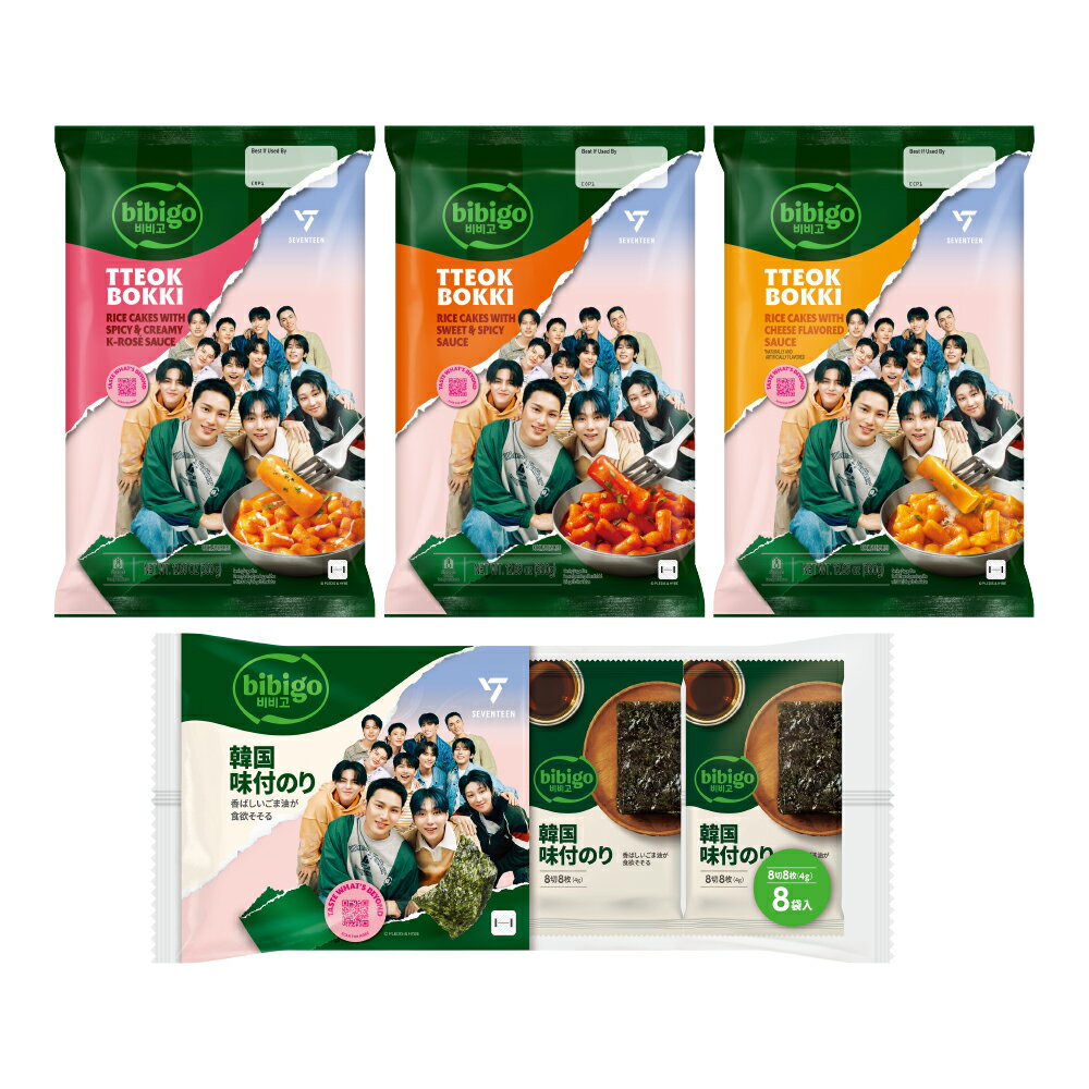【bibigo | SEVENTEEN】韓国海苔＆トッポッキセット SEVENTEENパッケージ 常温4種 韓国海苔 トッポッキ（オリジナル チーズ ロゼ） bibigo ビビゴ 海苔 韓国のり 海苔 韓国 韓国料理 韓国食品 常温 トッポギ 韓国屋台