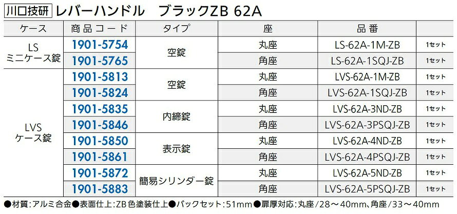 レバーハンドル 62A LVSケース錠 / タイプ：内締錠・丸座 LVS-62A-3ND-ZB 19015835...