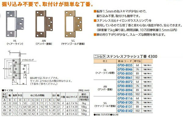 リフォーム用品 ニシムラ ステンレス フラッシュ丁番ビス付 AN アンバー 89 2枚1組 07008094