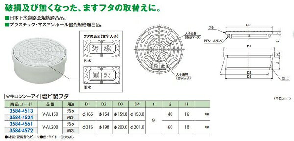 樂天商城 - リフォーム用品 タキロン 塩ビ製フタ V-AIL200 ライト 汚水 穴ナシ 35844561