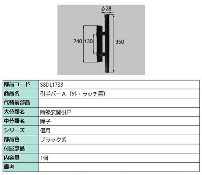 引手バー(外・ラッチ無) / 1個入り 部品色：ブラック系 S8DL1733 交換用 部品 新日軽 LIXIL リクシル TOSTEM トステム