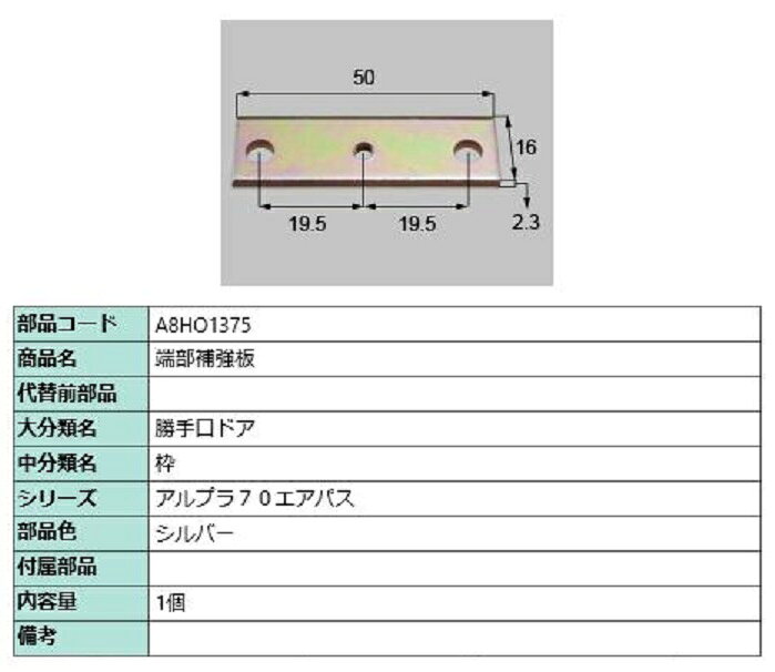 端部補強板 / 1個入り 部品色：シルバー A8HO1375 交換用 部品 新日軽 LIXIL リクシル TOSTEM トステム