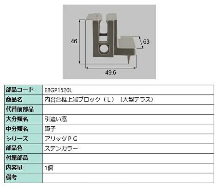 内召合框上端ブロック(大型テラス) / L 部品色：ステンカラー E8GP1520L 交換用 部品 新日軽 LIXIL リクシル TOSTEM トステム