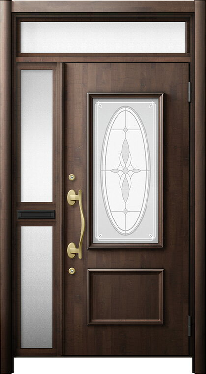 リシェント 玄関ドア3 断熱仕様 / 非防火 K2 C15型 木目調 片袖ランマ付中桟付ポスト付 特注寸法 W：1,176～1,446mm × H：2,178～2,600mm カバー工法 LIXIL