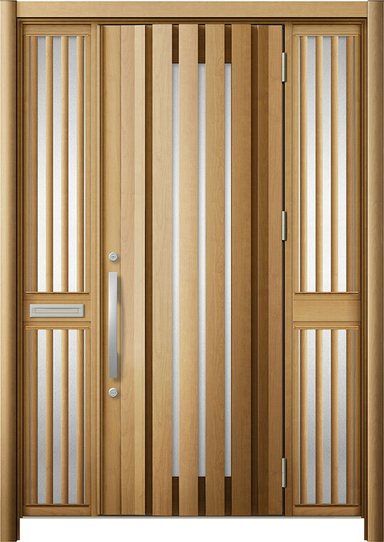 リシェント 玄関ドア3 断熱仕様 / 非防火 K4 G14型 木目調 両袖飾り 中桟付ポスト付 特注サイズ W：1,5..