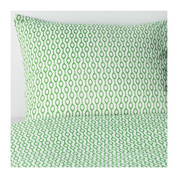 IKEA(イケア)　RODVED 掛け布団カバー＆枕カバー （枕カバー2枚） ホワイト グリーン 40304325