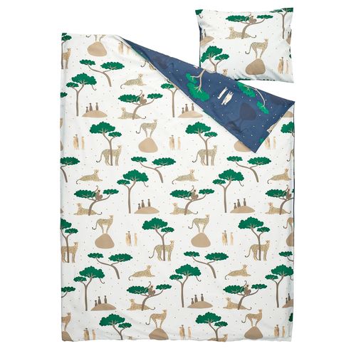 IKEA イケア 掛け布団カバー＆枕カバー ホワイト ダークブルー/サバンナ 150x200/50x60 cmシングル m50603201 SANDLOPARE サンドローパレ