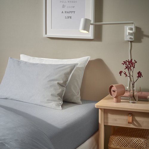 IKEA イケア ボックスシーツ ホワイト ブルー/ストライプ 160x200 cm 160x200 cm セミダブル m90615688 SOLFIBBLA ソルフィブラ